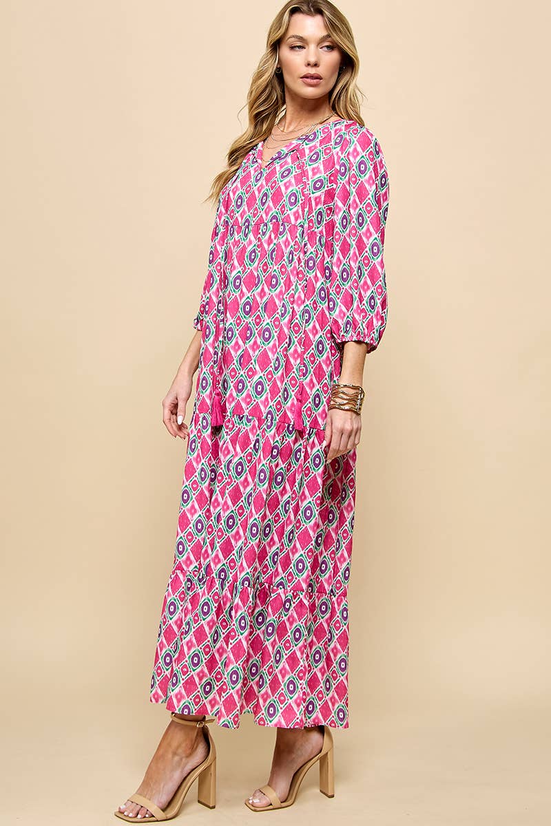 3/4 Lantern Sleeve Print Boho Maxi Dress: Fuchsia