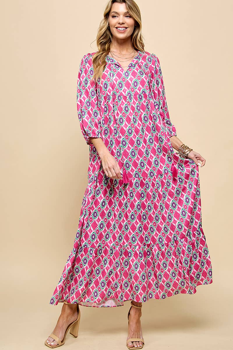 3/4 Lantern Sleeve Print Boho Maxi Dress: Fuchsia