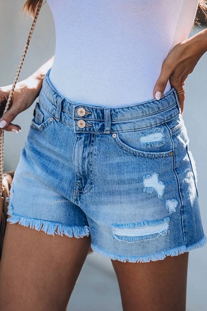 Distressed Ripped High Waist Jeans Shorts XXL7013: Light Blue