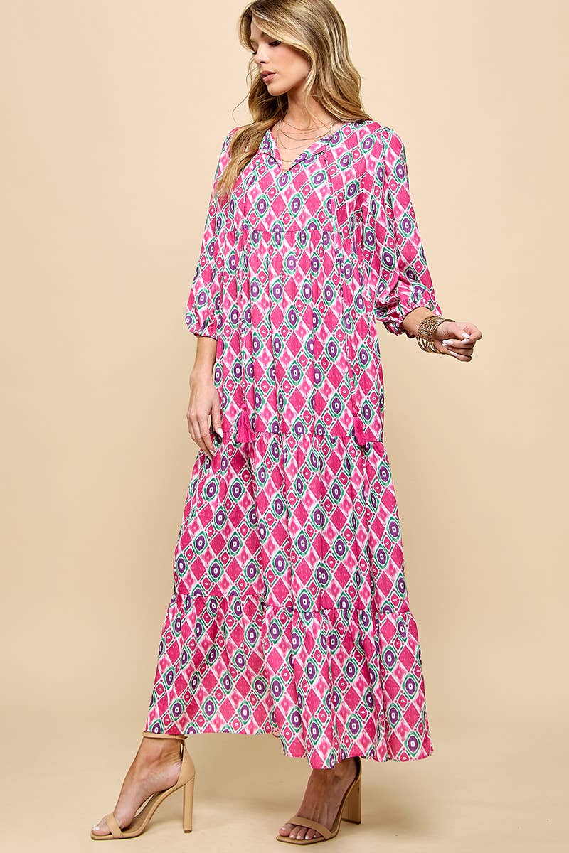 3/4 Lantern Sleeve Print Boho Maxi Dress: Fuchsia