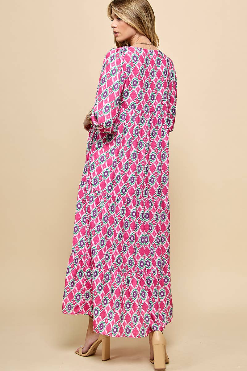 3/4 Lantern Sleeve Print Boho Maxi Dress: Fuchsia