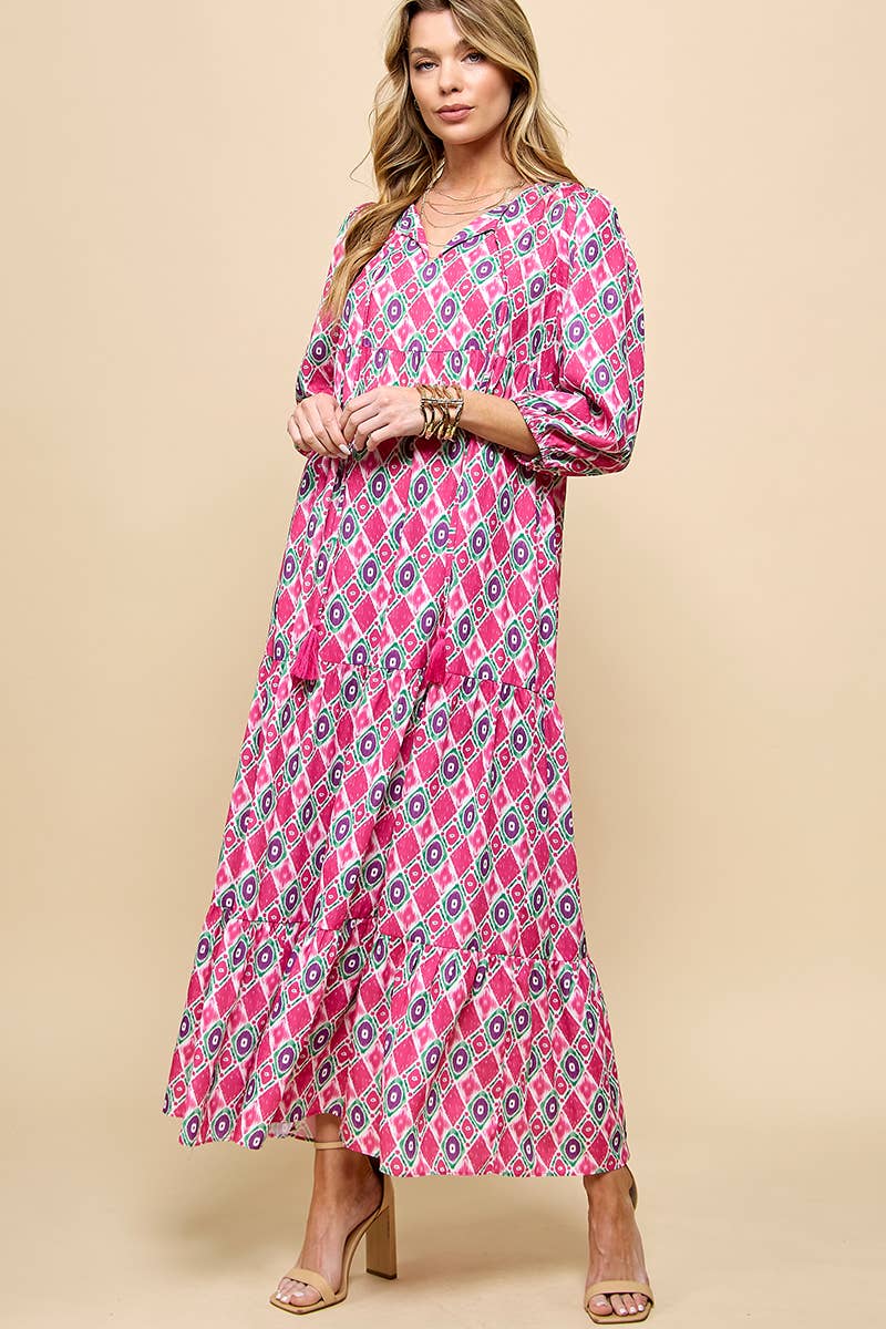 3/4 Lantern Sleeve Print Boho Maxi Dress: Fuchsia