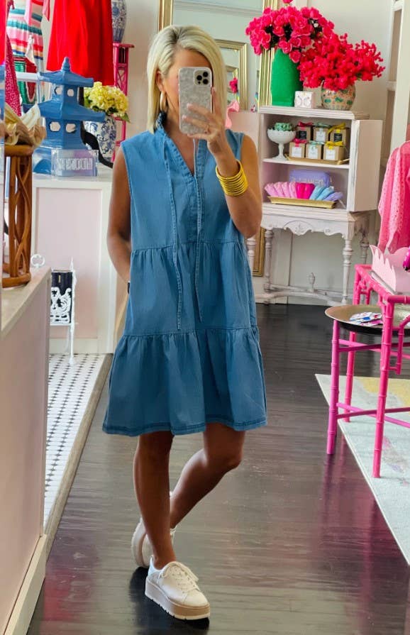 Pocketed  Tiered Denim Dress: Denim Blue