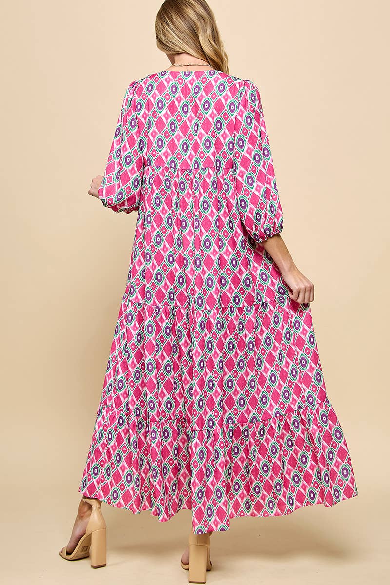 3/4 Lantern Sleeve Print Boho Maxi Dress: Fuchsia