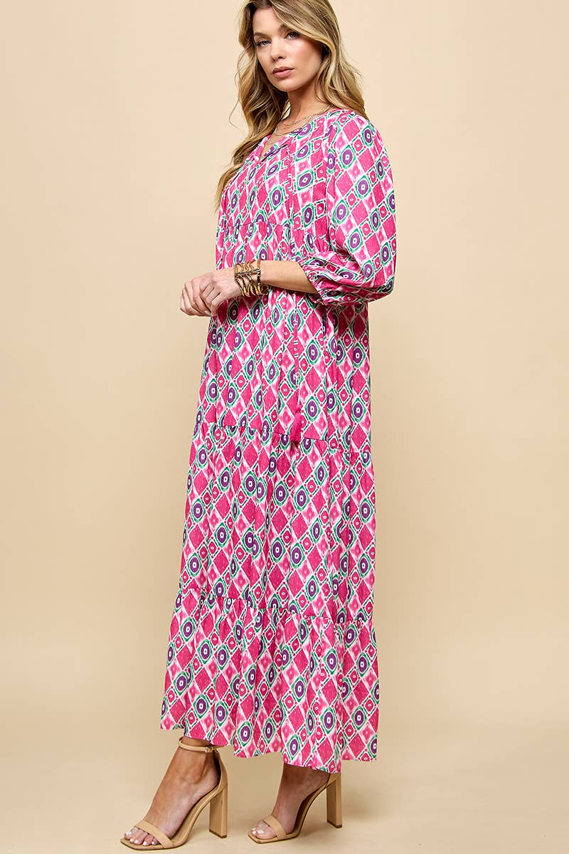 3/4 Lantern Sleeve Print Boho Maxi Dress: Fuchsia