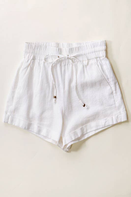 LINEN TYPE WAISTBAND SHORTS W STRING TIE: WHITE