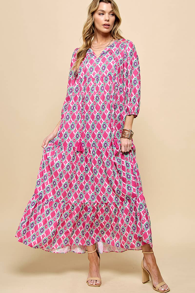 3/4 Lantern Sleeve Print Boho Maxi Dress: Fuchsia