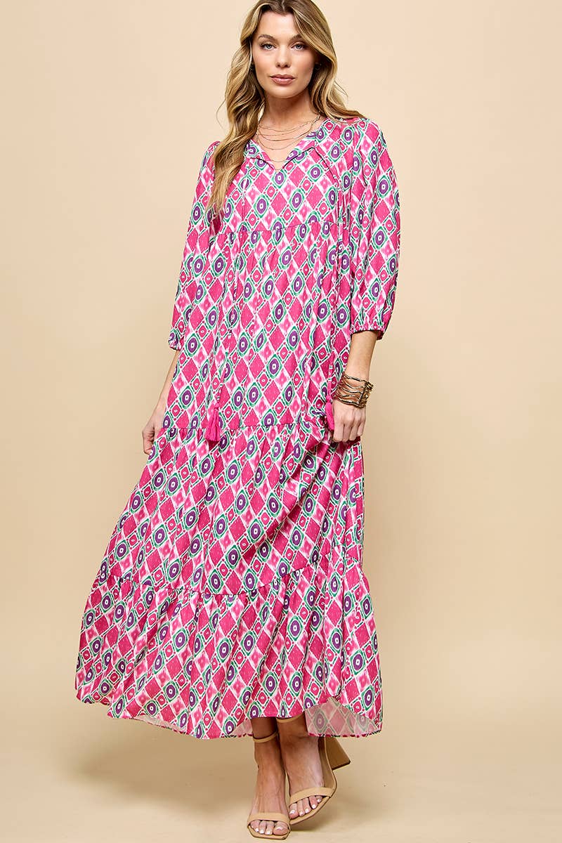 3/4 Lantern Sleeve Print Boho Maxi Dress: Fuchsia