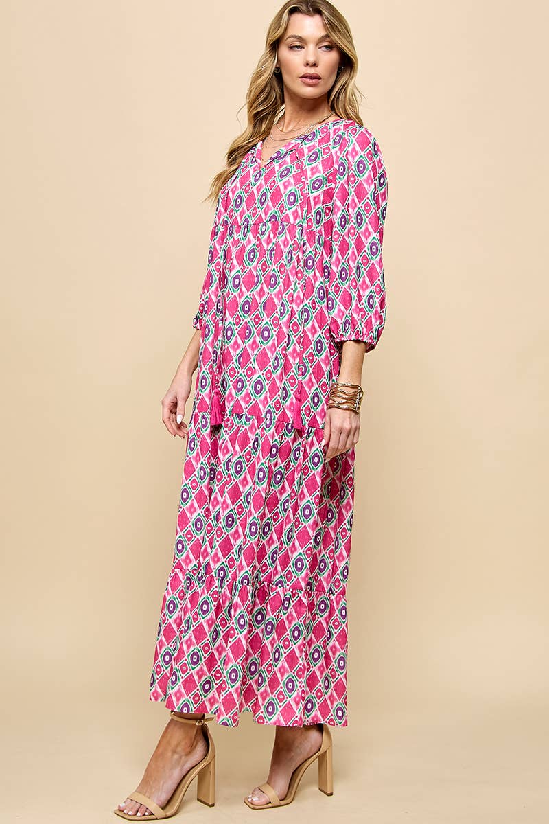 3/4 Lantern Sleeve Print Boho Maxi Dress: Fuchsia