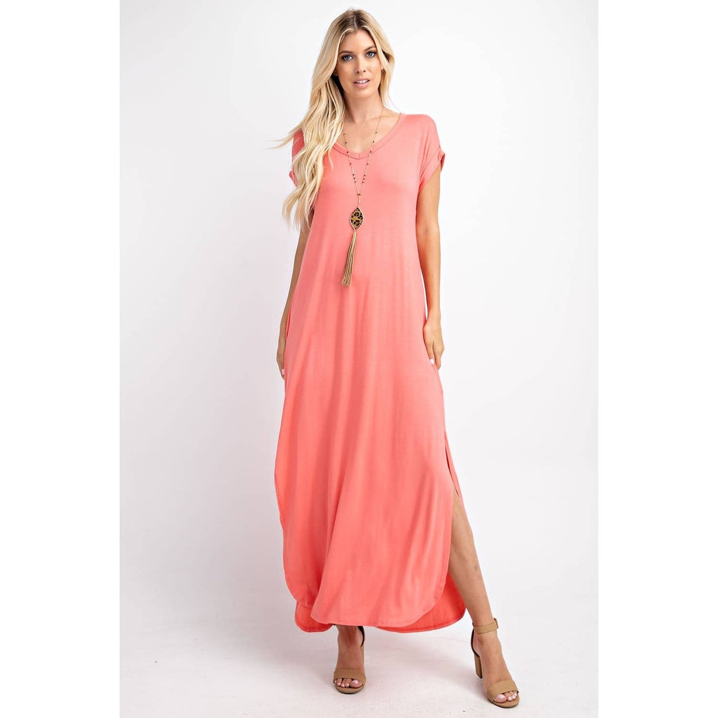 BASIC V NECK MAXI DRESS CORAL