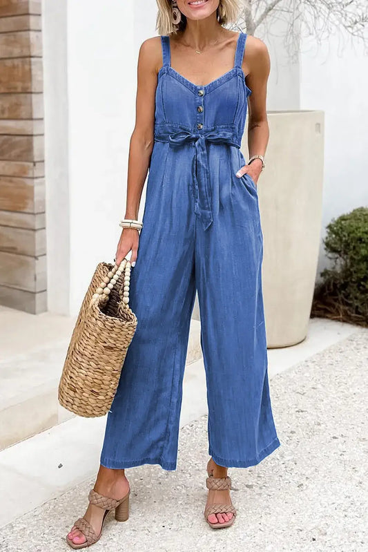 Buttoned Wide Leg Belted Chambray Strappy Jumpsuit