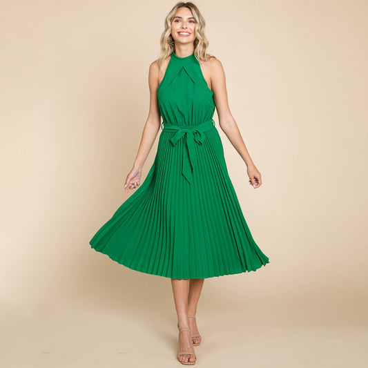 Pleated Self Tie Waist Halter Cocktail Dress