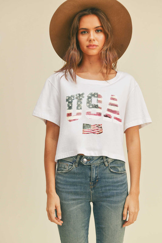 4th of July American Flag USA Graphic Crop Tee