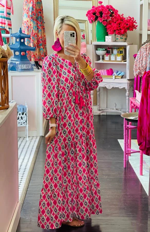 3/4 Lantern Sleeve Print Boho Maxi Dress: Fuchsia