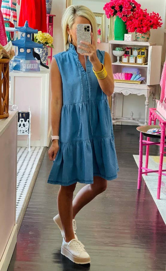 Pocketed  Tiered Denim Dress: Denim Blue