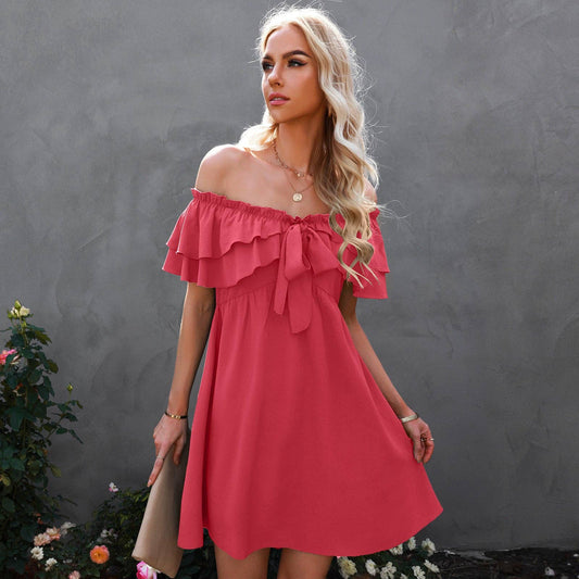 Off Shoulder Ruffle Tie Trim Dress