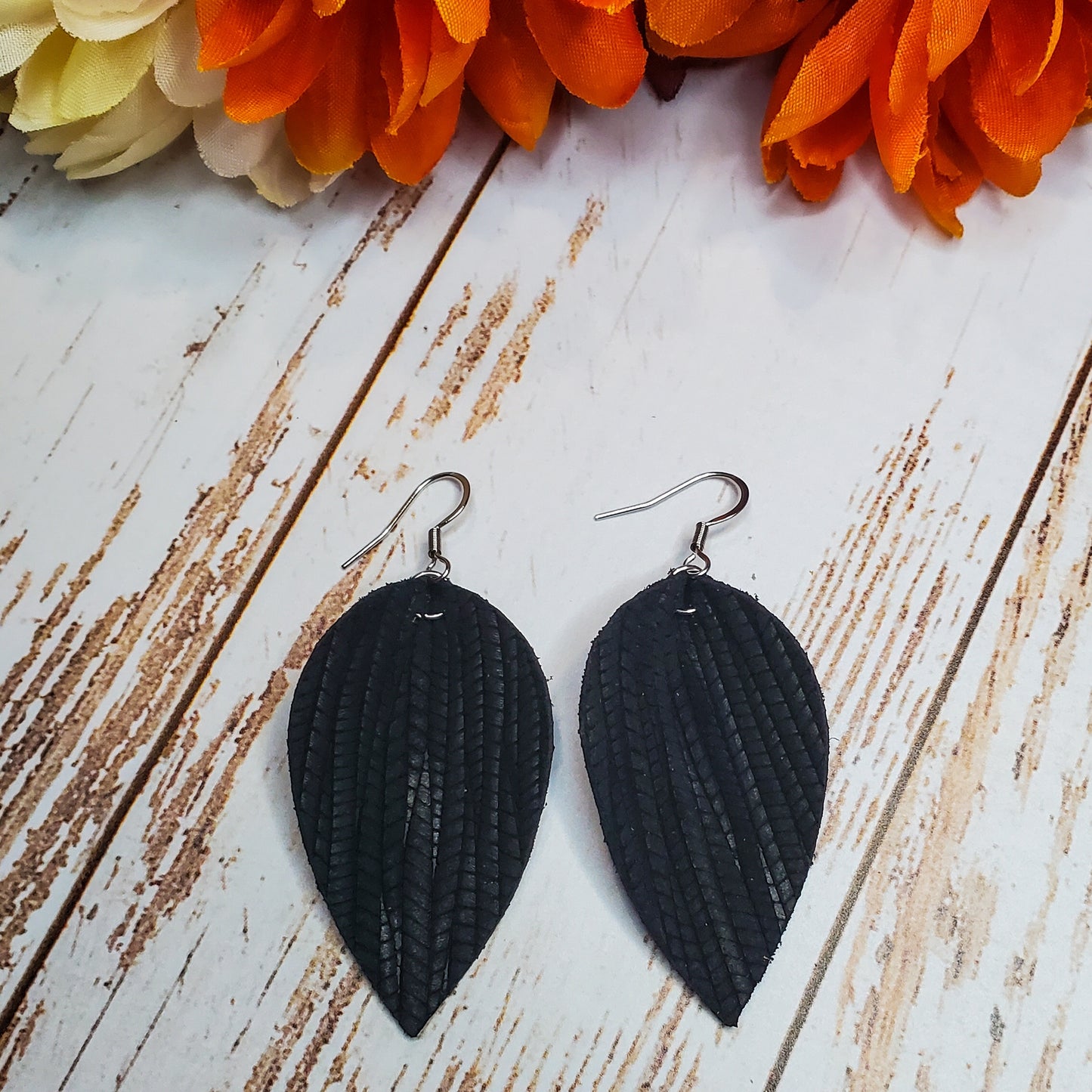 Black Pinched Petals Leather Earrings