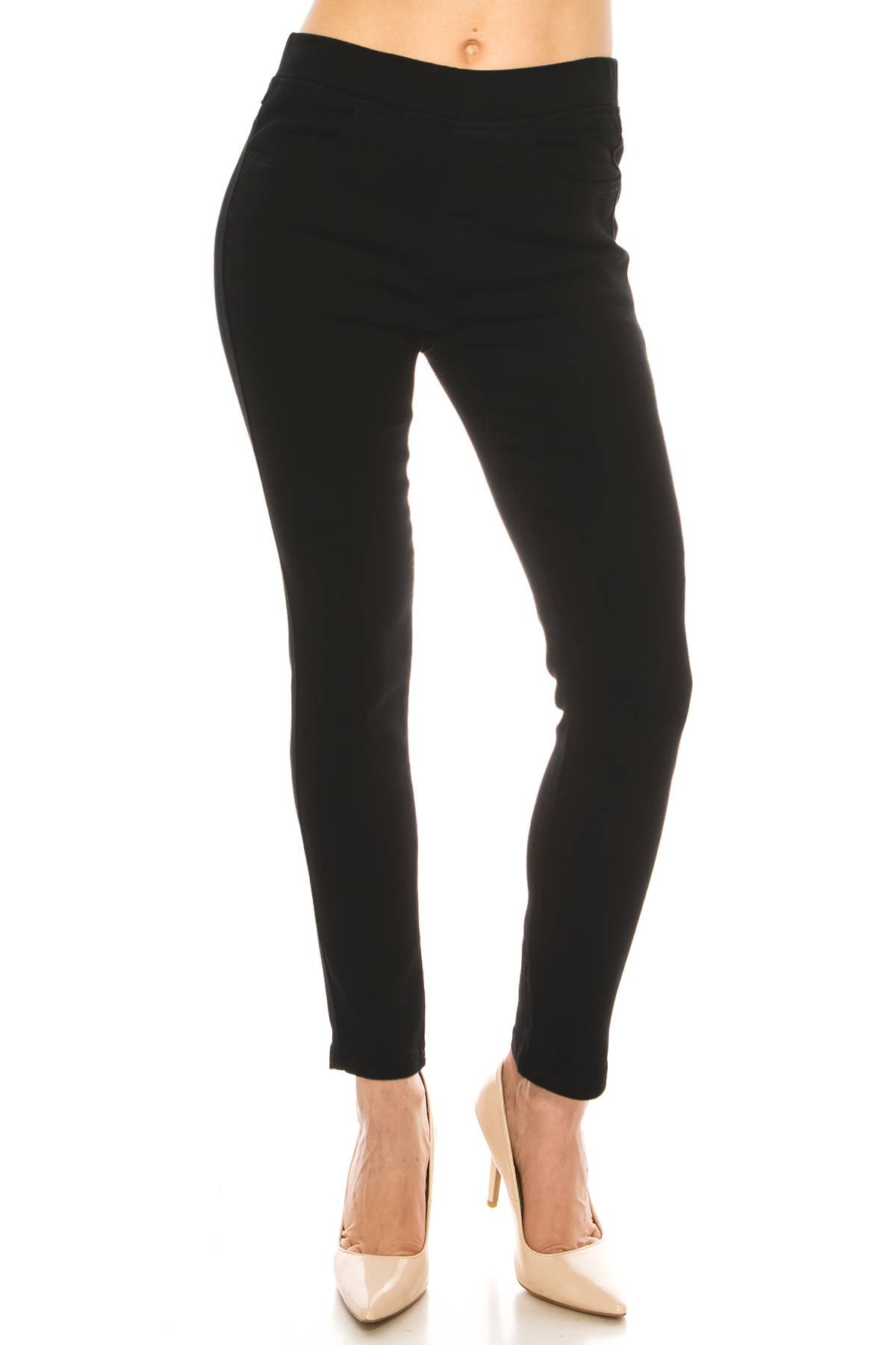 Solid black color basic pull on jegging pants.